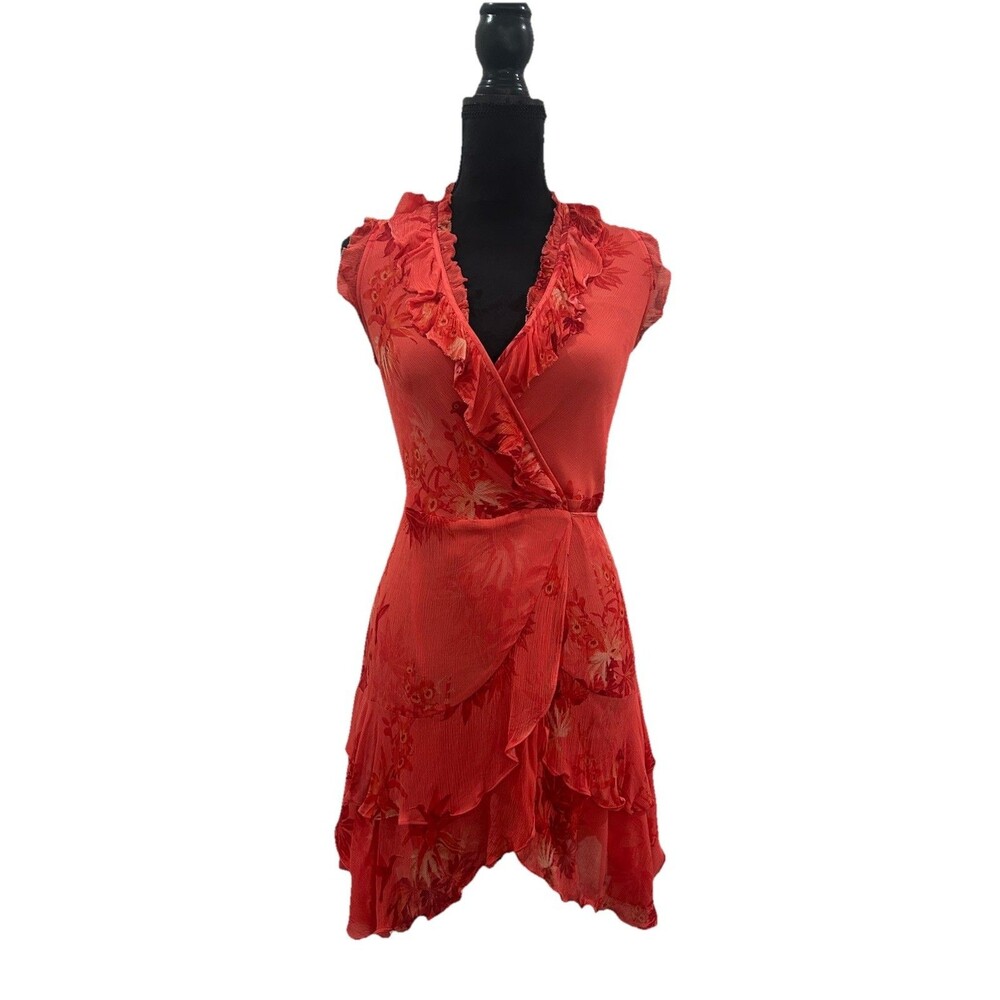 ALLSAINTS Dress Size 0 Coral Floral True Wrap V Neck 100% Viscose Lining